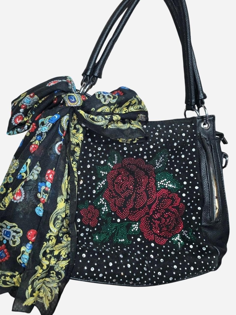 Y2K Rhinestone Embellished Black Rose Tote Bag with Scarf